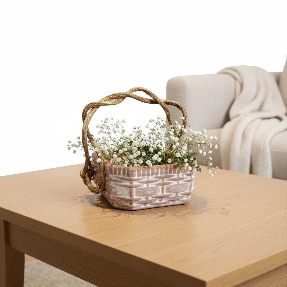 White Wash Basket Ceramic Rustic Terracotta With Real Vine Handles. 8x7x6